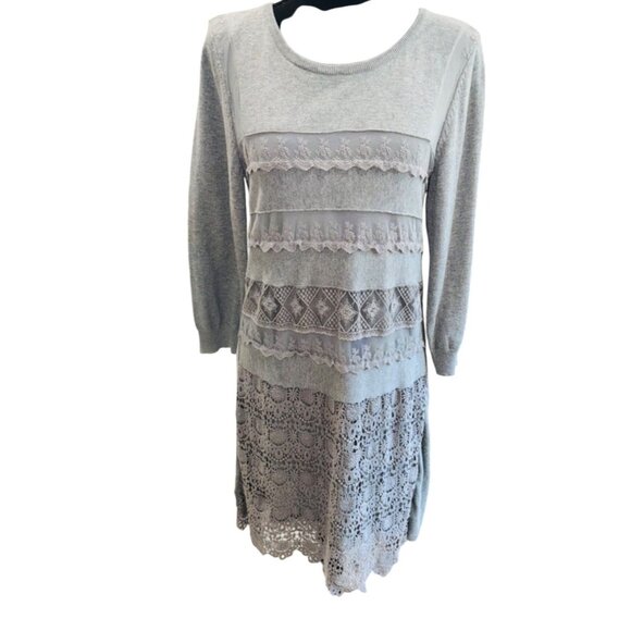 Sundance Lace Crochet Linen Gray Knit Dress M Boho Cottage Core Peasent Hippie - Picture 1 of 10